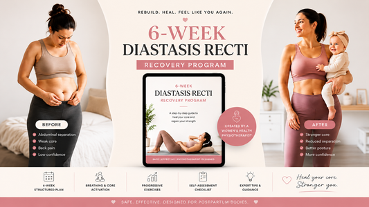 Advertisement for a 6-week Diastasis Recti recovery program with before and after images of a woman.
