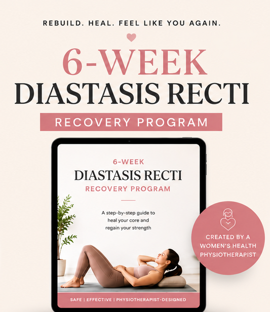 6-Week Diastasis Recti Recovery Program on a tablet screen with a woman exercising.